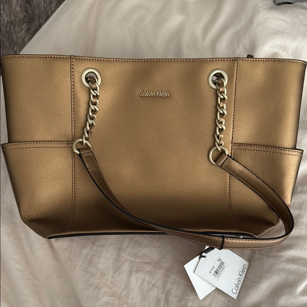 Calvin Klein Metallic Gold Tote Bag with Chain-Strap Detail